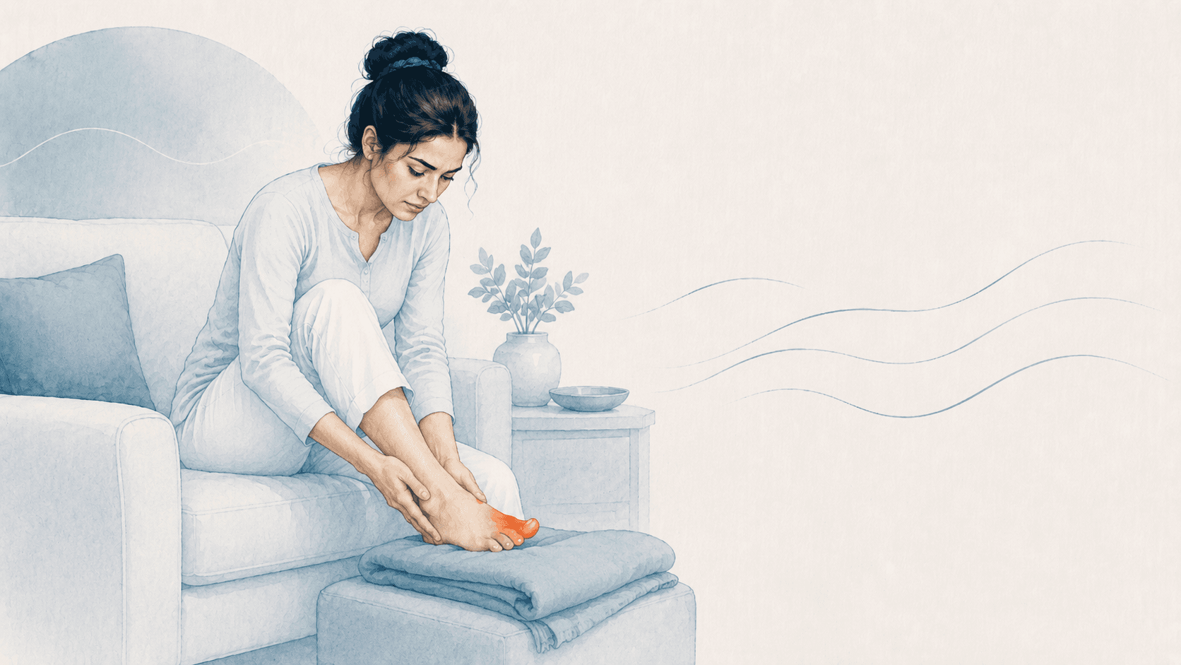 Minimal editorial imagery representing a painful gout flare and prevention planning.